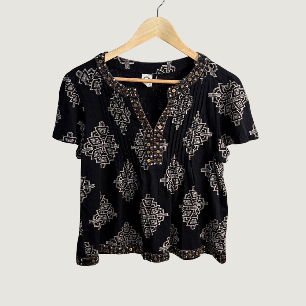 Anthropologie Akemi + Kin Blouse Black Geometric Print Size S Boho Artisan Indie